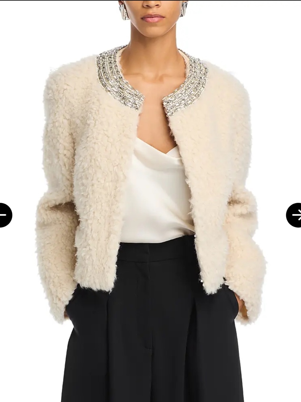Cinq à Sept Cream Faux Shearling Teddy Jacket Jeweled Collar M NWT